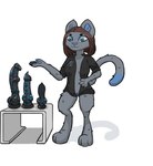 animal_dildo animal_sex_toy anthro blue_body blue_eyes blue_fur brown_hair canine_dildo clothed clothing dildo dildo_series equine_dildo female fully_shaded fur genitals glistening glistening_dildo glistening_sex_toy grey_body grey_fur hair hand_on_hip on_display open_clothing open_shirt open_topwear pose presenting pussy sex_toy sex_toy_background shirt simple_background solo topwear alicethedeer samsung felid feline mammal hi_res pinup shaded