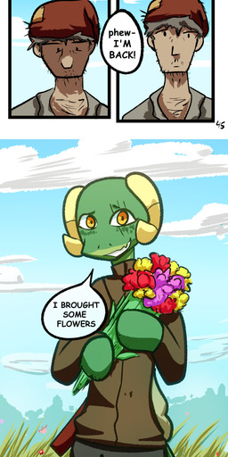 anthro clothed clothing dialogue duo female horn male melee_weapon speech_bubble sword tail text weapon yellow_eyes brradett lernie_(brradett) human mammal scalie absurd_res colored comic digital_media_(artwork) english_text hi_res