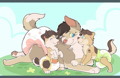 big_diaper blue_eyes brown_body brown_fur brown_hair diaper dipstick_tail eyes_closed feral fur green_eyes group hair licking markings one_eye_closed simple_background tail tail_markings tongue tongue_out trio wink young young_feral bubblepuppers canid canine canis domestic_dog mammal
