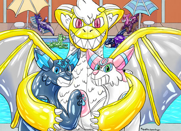 feral fusion group inflatable latex male permanent_smile pokemon_fusion pool_toy poolside smile swimming_pool tail text trio umbrella water miguel_the_divine_dragon mythology nintendo pokemon migueldivinedragon nuke_(stealthyspirit) animate_inanimate aquatic dragon eeveelution fish generation_2_pokemon generation_6_pokemon living_inflatable mythological_creature mythological_scalie pokemon_(species) scalie shark sylveon umbreon absurd_res digital_media_(artwork) english_text hi_res