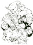 abs anthro axe facial_horn fur group horn inked male muscular muscular_anthro muscular_male nipples nose_horn pecs pose scar trio tusks tkd_dbull bruno_rhynox gor_(tomcat) trassk ape gorilla haplorhine humanoid mammal orc primate rhinoceros 2007 greyscale monochrome signature