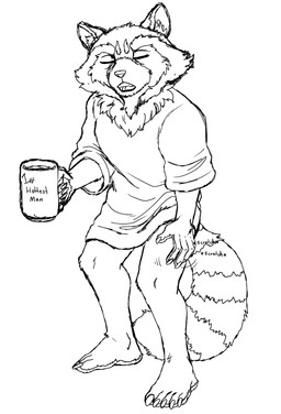 5_toes anthro barefoot clothing coffee_mug feet humanoid_feet male plantigrade scratching shirt solo tired toes topwear zimakum guardians_of_the_galaxy marvel rocket_raccoon absurd_res hi_res monochrome sketch unfinished