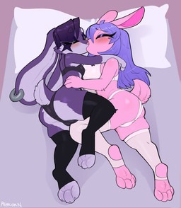 anthro biped black_clothing blush bra breast_size_difference breasts butt clothing duo female female/female fingers hair kissing legwear multicolored_body panties pink_body purple_body purple_hair thick_thighs thigh_highs underwear white_clothing psakorn_tnoi lagomorph leporid mammal rabbit 2026 absurd_res digital_media_(artwork) hi_res