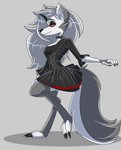 anthro black_clothing black_dress black_nails black_nose claws clothed clothing colored_nails dress female grey_background hair jewelry long_hair monotone_background multicolored_body nails necklace pupils raised_leg red_sclera simple_background slit_pupils solo standing tail text toe_claws toeless_legwear underskirt white_body white_eyes morgane1rmb helluva_boss mythology loona_(helluva_boss) canid canid_demon canine demon hellhound mammal monster mythological_canine mythological_creature 2020 digital_drawing_(artwork) digital_media_(artwork) english_text hi_res portrait shaded three-quarter_portrait