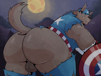 anthro balls big_butt black_sclera blue_bodysuit blue_clothing blue_mask blue_skinsuit bodysuit butt claws clothed clothing cloud exposed_butt fangs forest full_moon fur genitals grey_body grey_fur growling looking_back male moon multicolored_bodysuit multicolored_clothing multicolored_skinsuit muscular muscular_anthro muscular_male plant red_bodysuit red_clothing red_eyes red_skinsuit shield skinsuit solo tail teeth tight_clothing torn_bodysuit torn_clothing torn_skinsuit tree underbite uniform white_bodysuit white_clothing white_skinsuit thecaptainteddy marvel mythology captain_america capwolf canid canine mammal mythological_canine mythological_creature werecanid werecanine werecreature werewolf 2026 digital_media_(artwork) hi_res