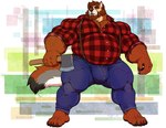 abstract_background anthro axe barazoku barefoot beard belly biceps big_bulge big_muscles bottomwear bulge claws clothed clothing denim denim_bottomwear denim_clothing eyebrows facial_hair feet flannel flannel_shirt fur hair holding_axe holding_object huge_bulge huge_muscles huge_thighs jeans lumberjack male manly mature_male musclegut muscular muscular_anthro muscular_male pants pattern_clothing pattern_shirt pattern_topwear pecs plaid plaid_clothing plaid_shirt plaid_topwear shirt simple_background solo standing thick_thighs tight_clothing topwear tuft kihu canid canine canis domestic_dog german_shepherd herding_dog mammal pastoral_dog 2024