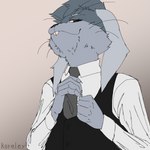 ambiguous_gender anthro clothed clothing floppy_ears fur hair looking_at_viewer looking_down lop_ears male necktie shirt simple_background smile smirk solo suit teeth topwear ourobunny domestic_rabbit lagomorph leporid lop_rabbit mammal oryctolagus rabbit 1:1 absurd_res digital_media_(artwork) hi_res