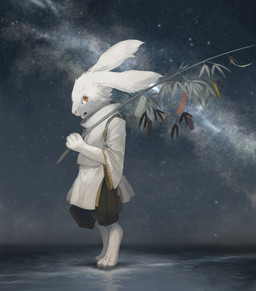 3_toes ambiguous_gender anthro bamboo barefoot biped clothed clothing feet fully_clothed fur looking_at_viewer night outside red_eyes sky solo standing star starry_sky toes tuft white_body white_fur whistleglass lagomorph leporid mammal rabbit 2015