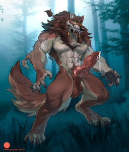 abs animal_genitalia animal_penis anthro arm_tuft balls big_penis biped bodily_fluids brown_balls brown_body brown_fur brown_hair brown_sheath canine_genitalia canine_penis claws cum cum_on_penis digitigrade elbow_tuft erection fangs forest forest_background fur genital_fluids genitals hair knot male muscular muscular_anthro muscular_male nature nature_background nude outside paws pecs penis plant red_penis saliva sheath solo tail teeth toe_claws tongue tongue_out tree tuft vein veiny_penis white_body white_fur yellow_eyes patto mythology canid canine canis mammal mythological_canine mythological_creature werecanid werecanine werecreature werewolf wolf 2023 digital_media_(artwork) hi_res