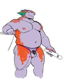 anthro beard belly chastity_cage chastity_device clothed clothing facial_hair facial_piercing holding_object looking_at_viewer male male_anthro manly musclegut muscular muscular_legs muscular_male navel nipple_piercing nipple_ring nipples nose_piercing nub_chastity_cage partially_clothed pecs piercing ring_piercing septum_piercing sex_toy slightly_chubby slightly_chubby_anthro slightly_chubby_male smile solo thong thong_only topless underwear underwear_down underwear_only vibrator wand_vibrator aviesergal avie sergal hi_res portrait three-quarter_portrait