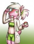 abs anthro biped bra breasts clothed clothing coat eyewear female fur green_eyes hair holding_eyewear holding_object holding_pokeball lab_coat monocle navel pink_body pink_fur pokeball simple_background smile solo standard_pokeball standing topwear underwear tg-0 nintendo pokemon satch armadillo mammal pink_fairy_armadillo xenarthran hi_res