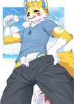 anthro bottle bottomwear clothing container eyes_closed holding_bottle holding_container holding_object male pants shirt simple_background solo topwear kurarifox kurari_(deruu) canid canine fox mammal absurd_res hi_res