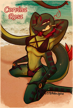 4_arms anthro bikini bulge choker cigarette claws clothing eyes_on_hands facial_markings green_body green_scales gynomorph hands_behind_head head_markings intersex jewelry markings multi_arm multi_limb necklace petals pose raised_arms red_eyes red_smoke scales sharp_teeth smoke smoking smoking_cigarette solo swimwear teeth text two-piece_swimsuit yellow_sclera mutedeclipse corvina_(mutedeclipse) reptile scalie hi_res pinup signature intersex_(lore) trans_(lore)