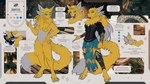 armor big_ears bottomwear bracers claws clothing corset dark_magic fur lingerie loincloth long_tail manteia mouth_shot open_mouth paws tail text topwear yellow_body yellow_fur godbirdart shadekin english_text hi_res model_sheet