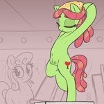 bodily_fluids eyes_closed female feral green_body navel object_in_mouth pencil_(object) stretching sweat t72b friendship_is_magic hasbro my_little_pony carrot_top_(mlp) tree_hugger_(mlp) equid equine mammal 1:1 2023 absurd_res hi_res