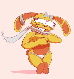 accessory anthro bodily_fluids bow_ribbon clothing doll embarrassed female hair_accessory hair_bow hair_ribbon ribbons scarf smile solo tears topwear underwear yellow_body rabbit5gamer conelia_(rabbit5gamer) animate_inanimate lagomorph leporid living_doll mammal rabbit