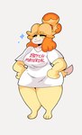 anthro big_breasts breasts clothing dipstick_tail female hair markings orange_hair shirt smile solo tail tail_markings text text_on_clothing text_on_shirt text_on_topwear thick_thighs topwear white_eyes wide_hips yellow_body lewd_dorky animal_crossing nintendo isabelle_(animal_crossing) canid canine canis domestic_dog mammal shih_tzu toy_dog hi_res