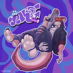 4_toes 5_fingers abstract_background anthro anus ball_slip balls black_clothing black_jacket black_topwear blue_bottomwear blue_clothing blue_eyes blue_pants bottomwear butt claws clothed clothing eyebrows feet fingers fishbone foot_focus footwear genitals hair hairy_tail highlights_(coloring) inner_ear_fluff jacket looking_aside male orange_eyebrows orange_hair paint_gun pants pink_anus plantigrade purple_highlights shirt socks solo stylized_background tail tan_balls tan_soles tan_tail teeth text toes topwear torn_bottomwear torn_clothing torn_pants tuft white_clothing white_shirt white_topwear trick_rex nintendo splatoon 1:1 2025 absurd_res artist_name colored digital_drawing_(artwork) digital_media_(artwork) english_text full-length_portrait hi_res portrait signature