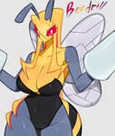 anthro big_breasts blonde_hair breasts clothing female grey_arms grey_legs hair insect_wings leotard navel_outline pokemorph red_sclera simple_background solo thick_thighs wide_hips wings yellow_body togetoge nintendo pokemon arthropod beedrill generation_1_pokemon pokemon_(species) 2023 hi_res