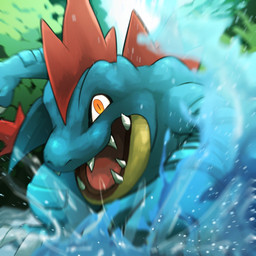 3_toes ambiguous_feral ambiguous_gender blue_body blue_scales blue_tail claw_toes claws day feet feral finger_claws grey_claws motion_lines multicolored_body multicolored_scales open_mouth orange_eyes outside pink_tongue plant pupils red_body red_scales scales semi-anthro sharp_teeth slit_pupils snout solo standing tail tapering_tail teeth toes tongue water wet yellow_body yellow_scales spicyichizo nintendo pokemon crocodilian feraligatr generation_2_pokemon pokemon_(species) reptile scalie 1:1 2025 absurd_res hi_res shaded