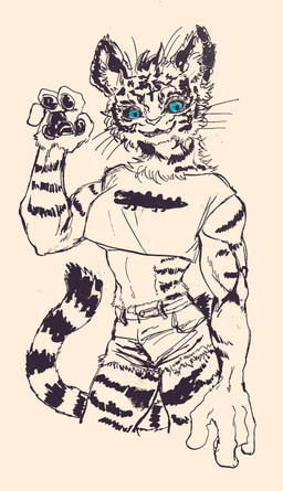 5_fingers anthro biped black_sclera black_stripes blue_eyes bottomwear breasts cheek_tuft clothed clothing crop_top denim denim_bottomwear denim_clothing denim_shorts facial_tuft female fingers fur hotpants inner_ear_fluff markings midriff muscular muscular_anthro muscular_female navel pawpads shirt shorts simple_background smile solo standing striped_arms striped_body striped_fur striped_markings striped_tail stripes tail tail_markings text topwear tuft whiskers white_background kyokyota domestic_cat felid feline felis mammal pantherine tiger 2017 hi_res sketch