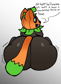 ambiguous_gender anthro big_butt butt food for_a_head fruit huge_butt looking_at_viewer plant pumpkin solo tail text thick_thighs lucaslora pumkat domestic_cat elemental_creature felid feline felis flora_fauna food_creature mammal object_head digital_media_(artwork) english_text hi_res