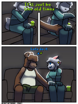 anthro consenting dialogue duo female furniture hand_on_leg hand_on_thigh heart_symbol infidelity male male/female shaking shivering sofa text connorsconnor barley_(connorsconnor) conley bear hybrid mammal 3:4 colored comic english_text hi_res shaded