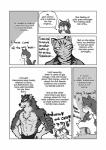 ambiguous_gender anthro bodily_fluids border clothed clothing front_view heart_symbol male muscular muscular_male simple_background sweat text thought_bubble topless white_background white_border maririn canid canine canis domestic_cat felid feline felis mammal 2015 comic english_text hi_res monochrome