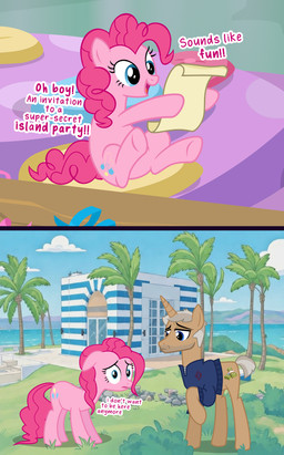 2_panel_comic cloud cushion cutie_mark dialogue duo female feral grass hair horrified letter little_saint_james male money outside palm_tree pink_body pink_hair plant ponification quarter_zip scared shrub sitting sky standing sweatshirt sweatshirt_only terror text tree water ai_assisted ai_generated_background chromeo friendship_is_magic hasbro my_little_pony fan_character jeffrey_epstein pinkie_pie_(mlp) equid equine horse mammal pony comic english_text hi_res meme