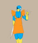 angry anthro athletic beak biceps blue_body blue_feathers breaking_glass breasts cleavage clothed clothing cocktail_glass container cup deep_cleavage dress drinking_glass feathers female glass glass_container glass_cup heterochromia holding_glass holding_object holding_weapon looking_at_viewer orange_clothing orange_dress solo weapon axentooth servia_(axentooth) avian bird hi_res