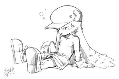 anthro backpack biped blush bottomwear clothed clothing collar footwear gloves handwear hat headgear headwear long_ears male nipples shoes shorts simple_background sitting solo tired topless white_background young shaolin_bones bandai_namco klonoa_(series) klonoa domestic_cat felid feline felis mammal digital_drawing_(artwork) digital_media_(artwork) monochrome