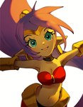 blue_eyes breasts clothing ear_piercing ear_ring female hair hoop_ear_ring humanoid_pointy_ears long_hair not_furry open_mouth open_smile piercing pointy_ears ponytail purple_hair ring_piercing simple_background smile solo tan_body tan_skin pachirisus shantae_(series) wayforward shantae genie humanoid 2022 absurd_res hi_res