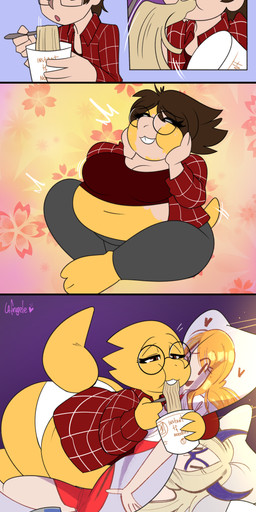 anthro barefoot big_breasts body_pillow bottomwear breast_growth breasts brown_hair buckteeth clothing cutlery dakimakura dakimakura_pillow eyewear feet female food fork gender_transformation glasses growth hair holding_fork human_to_anthro kitchen_utensils male mtf_transformation navel nerdification noodles open_mouth overweight overweight_female pants pillow ramen round_glasses simple_background smile solo species_transformation surprised tail teeth text tools transformation underwear weight_gain yellow_body la-frugele undertale_(series) alphys human lizard mammal reptile scalie 2023 absurd_res comic digital_media_(artwork) english_text hi_res