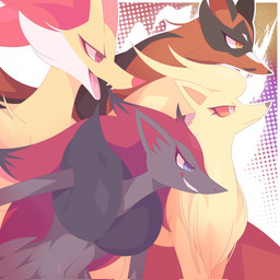abstract_background anthro black_body black_fur black_hair black_nose blue_eyes brown_body brown_fur brown_nose chest_tuft facial_hair feral fur group hair inner_ear_fluff mustache open_mouth open_smile orange_eyes pupils red_body red_eyes red_fur red_hair red_nose red_sclera smile teeth tongue toothy_grin tuft white_body white_fur white_pupils yellow_body yellow_fur rullu_1507 nintendo pokemon canid canine delphox generation_1_pokemon generation_5_pokemon generation_6_pokemon generation_8_pokemon mammal ninetales pokemon_(species) thievul zoroark 1:1 colored hi_res shaded