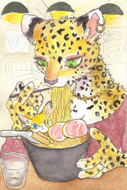 anthro beverage blue_eyes bowl breasts character_prepared_as_food chopsticks cleavage clothed clothing container countershading cup cutlery ear_piercing ear_ring eating eating_food female feral food fur green_eyes holding_object jewelry kitchen_utensils male markings necklace noodles piercing ramen ring ring_piercing severed_body_part severed_head smoking solo spoon spots spotted_body spotted_fur tools whiskers yellow_body yellow_fur kyokyota canid canine felid feline leopard mammal pantherine 2021 hi_res painting_(artwork) traditional_media_(artwork) watercolor_(artwork)