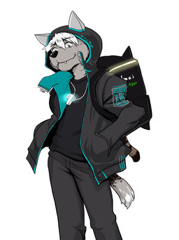 backpack clothed clothing cute_fangs fangs fur grey_body grey_fur hair jewelry looking_at_viewer male necklace simple_background solo teeth white_background white_hair tamaqo1 canid canine canis mammal character_request hi_res