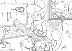 2024 anthro areola bethesda_softworks biped blush blush_lines bottomwear breasts caitlyn_(swordfox) cheek_tuft clothed clothing dialogue english_text exclamation_point eyebrows facial_tuft fallout fallout:_pca female generation_6_pokemon gun hat headgear headwear holding_gun holding_object holding_ranged_weapon holding_rifle holding_weapon inside line_art looking_at_another meowstic microsoft milo_(blitzomega) monochrome neck_tuft nintendo nipples pants pip-boy pokemon pokemon_(species) ranged_weapon s-nina screwdriver sitting solo speech_bubble text tools topless topless_anthro topless_female tuft voyeur weapon