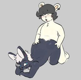 anal anal_penetration anthro ass_up big_butt black_body black_fur black_hair blush blush_lines bodily_fluids butt cum cum_inside duo ear_piercing eyes_closed fur genital_fluids grey_background hair looking_pleasured male male/male male_penetrating multiple_piercings penetration penile penile_penetration penis_in_ass piercing raised_tail seductive simple_background tail white_body white_fur white_hair unknown_artist sammy_(triixs) lagomorph leporid mammal mouse murid murine rabbit rodent