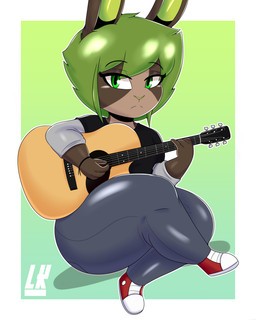 acoustic_guitar anthro big_butt bottomwear breasts brown_body butt clothed clothing curvy_figure female footwear fur green_eyes green_hair guitar hair musical_instrument pants plucked_string_instrument shoes shortstack shortstack_female simple_background solo string_instrument thick_thighs tight_bottomwear tight_clothing tight_pants topwear lobokosmico bec_(lobokosmico) canid lagomorph leporid mammal rabbit 2021 absurd_res digital_drawing_(artwork) digital_media_(artwork) hi_res signature