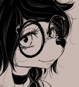 anthro black_hair black_nose cute_fangs eyebrows eyelashes eyewear fangs female glasses hair pupils simple_background solo teeth alcorart conditional_dnp phoebe_(alcorart) canid canine canis domestic_dog mammal 2026 digital_media_(artwork) hi_res