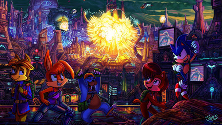 5_fingers aircraft angry anthro backpack barefoot boots breasts building celebration city cityscape claws clothing computer cybernetic_arm cybernetic_leg cybernetic_limb cybernetics cyberpunk electronics explosion facial_tuft feet female fingers fist footwear freedom_fighter grin group head_tuft leotard machine male military_uniform mostly_nude_female mountain robotropolis science_fiction sculpture scut_tail shoes short_tail skyscraper smile statue tail toupee tuft tusks uniform vehicle war jowybean classic_sonic_(universe) sega sonic_the_hedgehog_(satam) sonic_the_hedgehog_(series) antoine_depardieu bunnie_rabbot classic_sonic julian_robotnik rotor_the_walrus sally_acorn sonic_the_hedgehog canid canine canis chipmunk coyote cyborg eulipotyphlan ground_squirrel hedgehog human lagomorph leporid mammal marine pinniped rabbit rodent sciurid walrus 16:9 hi_res widescreen