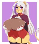 amari_(june8bit) anthro big_breasts biped blush bottomwear breasts clothing felid female fur garter_straps hair hi_res huge_breasts lion looking_at_viewer mammal matypup pantherine pupils skirt solo thick_thighs