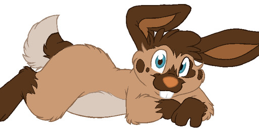 anthro biped buckteeth looking_at_viewer lying male on_front semi-anthro smile solo teeth mizzyam spotted_bunny lagomorph leporid mammal rabbit aliasing digital_media_(artwork) flat_colors