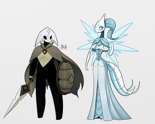 2_horns ambiguous_gender arthropod_abdomen biped black_body black_eyes blue_body blue_eyes cloak clothed clothing dress duo empty_eyes female hair holding_melee_weapon holding_object holding_shield holding_weapon horn jewelry melee_weapon necklace shield simple_background standing weapon white_body wings latiar sol-lar-bink hollow_knight_(franchise) team_cherry eralind_(latiar) harrold_(latiar) arthropod 2026 5:4 hi_res