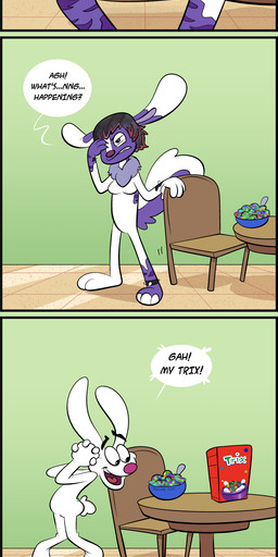 dialogue gender_transformation mascot mtf_transformation solo text transformation trevor-fox general_mills trix trix_rabbit hybrid lagomorph leporid mammal mephitid rabbit skunk 1:3 absurd_res english_text hi_res