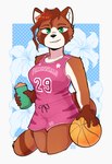 5_fingers anthro athletic athletic_anthro athletic_female athletic_wear ball basketball basketball_(ball) basketball_uniform bottle bottomwear breasts brown_body brown_fur brown_hair clothed clothed_anthro clothed_female clothing container female female_anthro fingers flower fur green_eyes gym_bottomwear gym_shorts hair holding_basketball holding_water_bottle inner_ear_fluff markings multicolored_body multicolored_face multicolored_fur orange_body orange_fur orange_hair pink_bottomwear pink_clothing pink_shorts pink_topwear plant shorts simple_background smile solo sportswear striped_markings striped_tail stripes tail tail_markings text text_on_clothing text_on_topwear topwear tuft two_tone_tail uniform water_bottle white_background white_body white_fur white_inner_ear white_inner_ear_fluff conditional_dnp sonokido ventura_city_drifters allison_hart_(sonokido) ailurid mammal red_panda 2024 digital_media_(artwork) hi_res portrait three-quarter_portrait