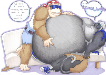 anthro belly belly_expansion belly_hug belly_rub broken_furniture clothing dialogue dominant dominant_male duo expansion eyewear feeling_up feet glasses grope groping_belly larger_male male male/male manhandling morbidly_obese muscular muscular_male obese open_mouth outgrowing_clothes overweight prehensile_feet regret rippage second_thoughts simple_background size_difference stuffing sunglasses teeth text tight_clothing toes torn_clothing weight_gain white_background prisonsuit-rabbitman donkey_kong_(series) nintendo fan_character funky_kong rakeesh ape gorilla haplorhine kong mammal monkey primate 2016 absurd_res english_text hi_res traditional_media_(artwork)