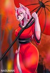 anthro asian_clothing blue_eyes blurred_background clothed clothing east_asian_clothing female forest fully_clothed fur hair japanese_clothing kimono outside pink_body pink_fur pink_hair plant solo tree umbrella nasumaki asian_mythology east_asian_mythology japanese_mythology mythology kyoko_(nasumaki) canid canine fox mammal absurd_res hi_res