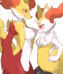anthro areola blush bodily_fluids braixen breast_awe breast_size_difference breasts canid canine cheek_tuft chest_tuft chiji comparing comparing_breasts delphox drooling duo erect_nipples facial_tuft female female/female fur generation_6_pokemon half-closed_eyes inner_ear_fluff licking licking_lips looking_at_another looking_at_another's_breasts looking_at_breasts looking_at_partner mammal multicolored_body multicolored_fur narrowed_eyes nintendo nipples nude pink_areola pink_nipples pokemon pokemon_(species) red_body red_eyes red_fur saliva self_lick third-party_edit tongue tongue_out tuft white_body white_fur yellow_body yellow_fur