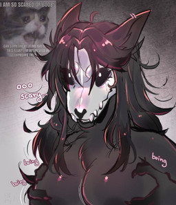 anthro black_body black_fur black_hair black_nipples bone bouncing breasts claws dialogue eyelashes female female_anthro fingers front_view fur hair jiggling nipples skull skull_head solo text white_eyes h0t-garbage scp_foundation scp-1471-a canid canine malo mammal 2026 absurd_res digital_media_(artwork) english_text hi_res meme portrait shaded signature